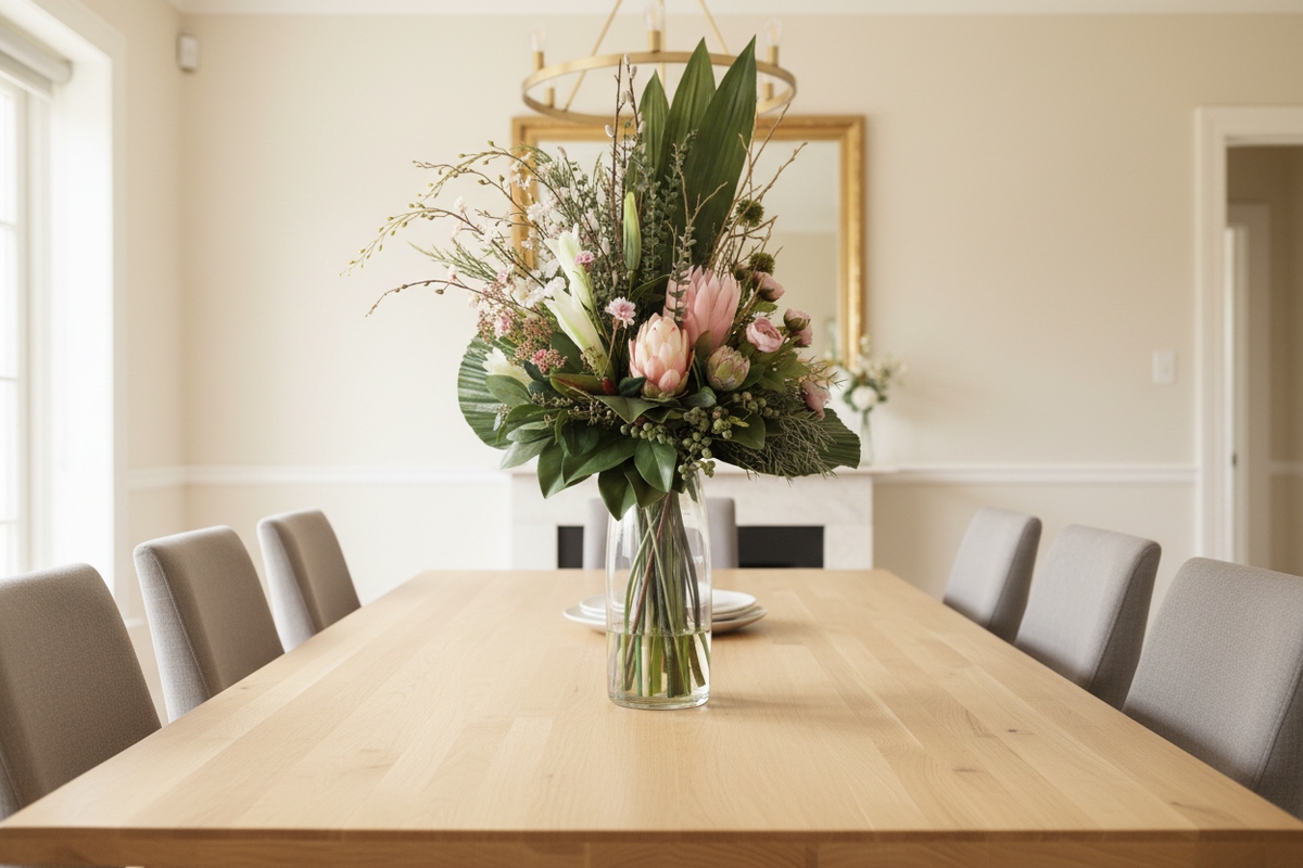 Blush Protea and Ranunculus Ethereal artificial arrangement on a dining table
