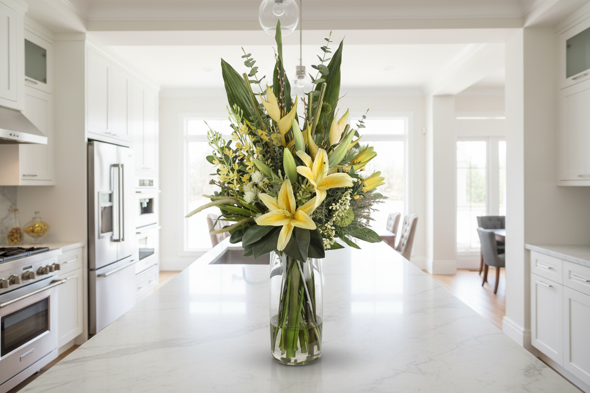 Yellow Lily and Heliconia Luminous artificial arrangement on a kitchen island