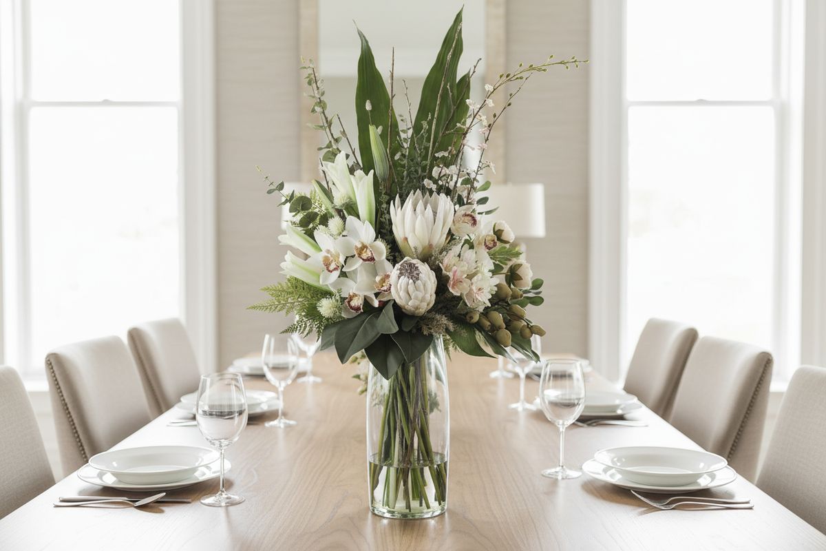 White King Protea and Cymbidium Orchid Pristine artificial arrangement on a dining table