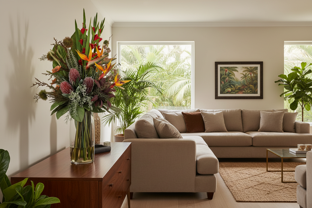 Bird of Paradise and Banksia Tropical Showpiece artificial arrangement on a living room sideboard