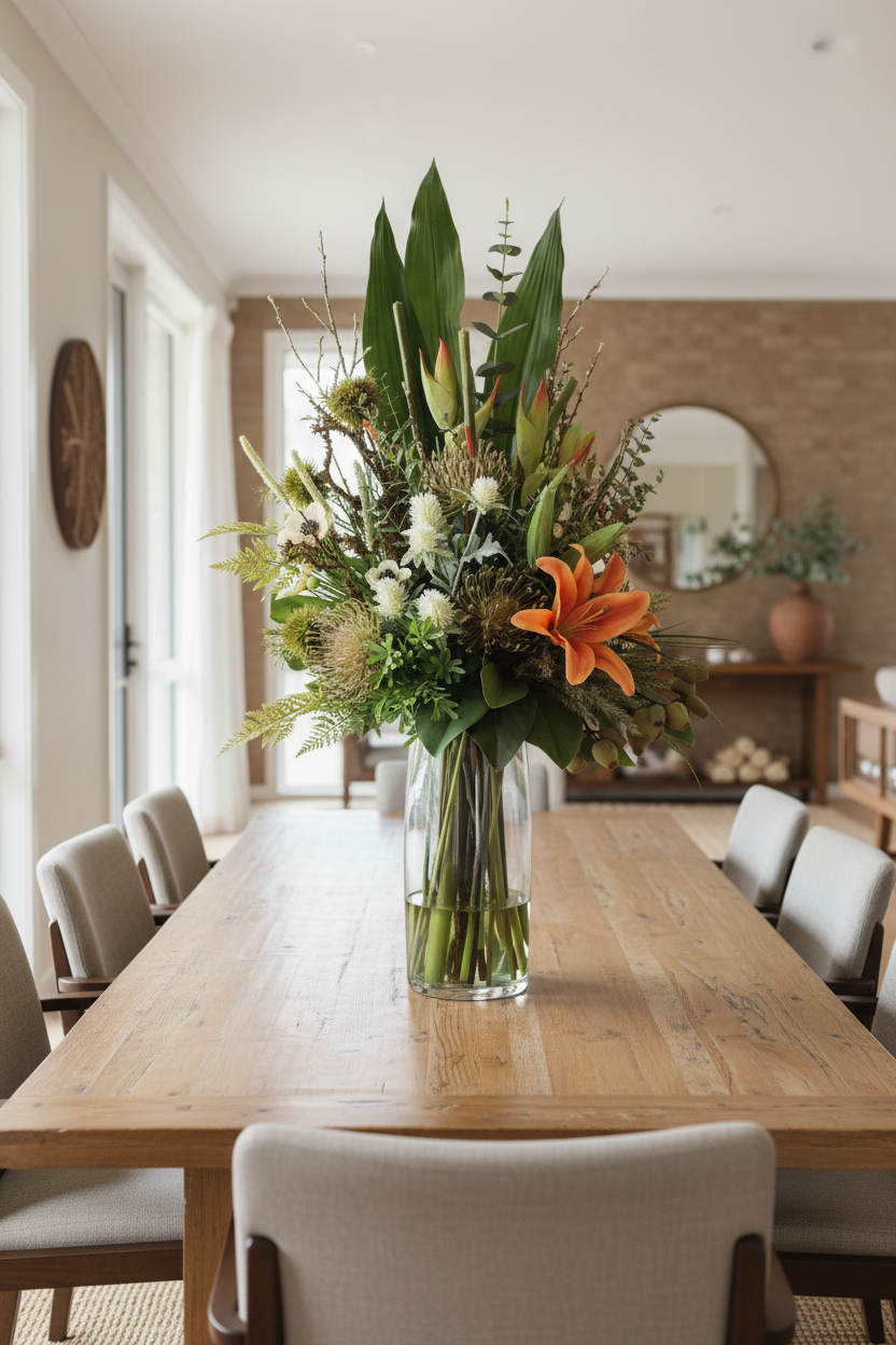 Peach Lily and Anemone Wild Garden artificial arrangement in a tall clear glass cylinder vase on a dining table, large 90x40 cm scale