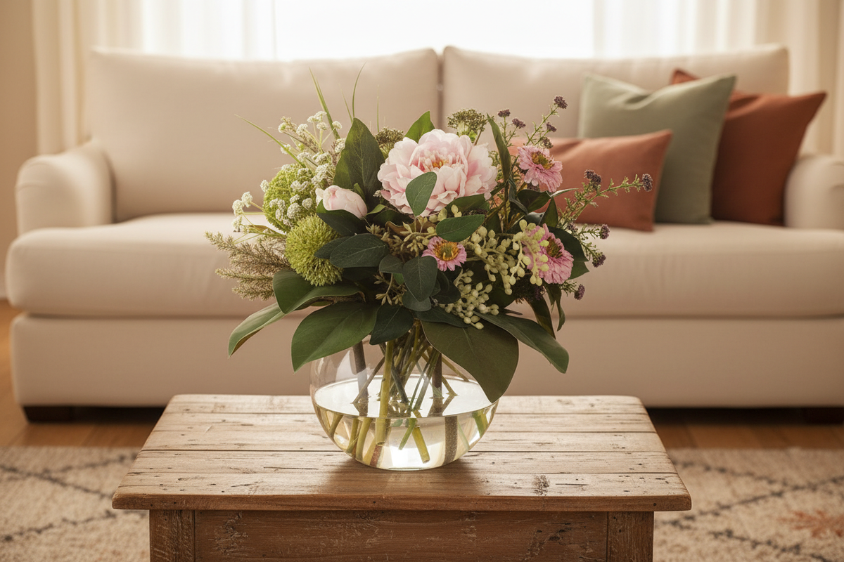 Blush Peony and Aster Cottage Garden artificial arrangement in a glass fishbowl vase on a living room coffee table