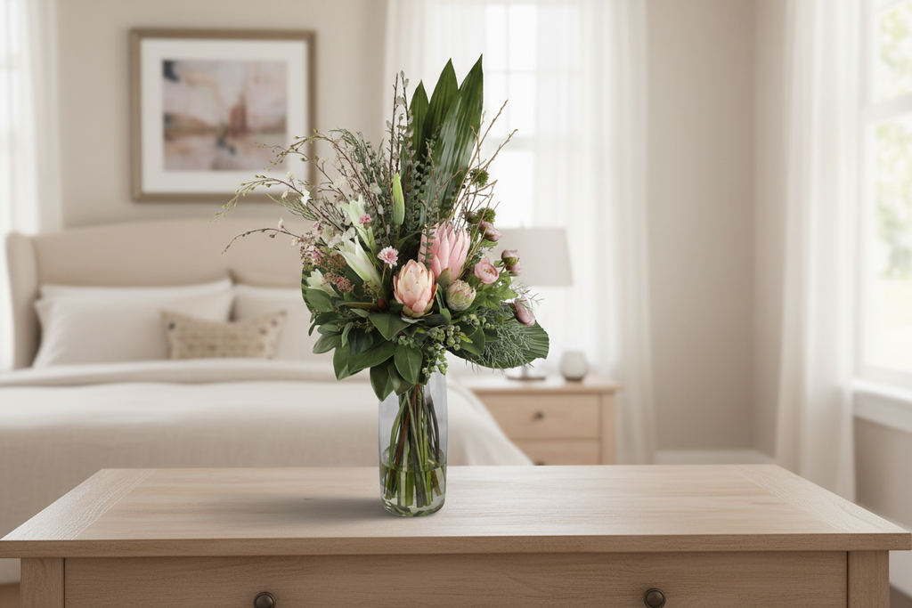 Blush Protea and Ranunculus Ethereal artificial arrangement on a bedroom console