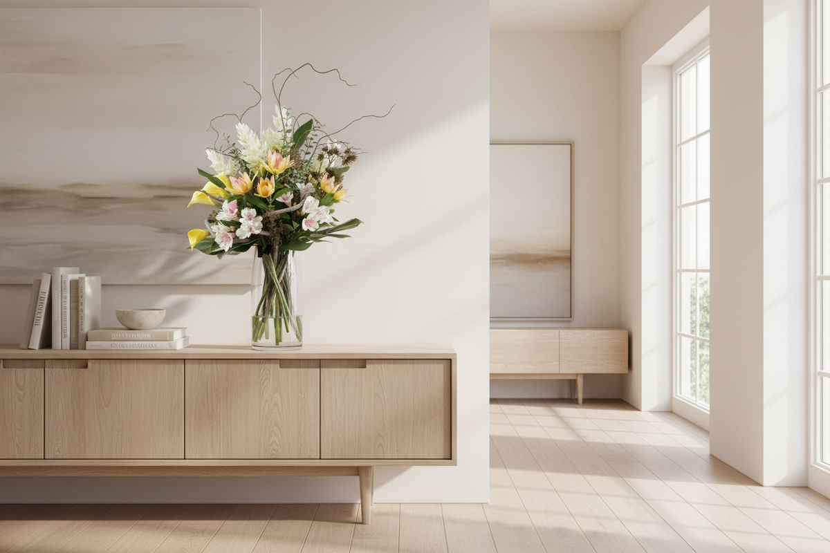 Spring Whisper medium artificial arrangement in a tall glass cylinder vase on a living room sideboard