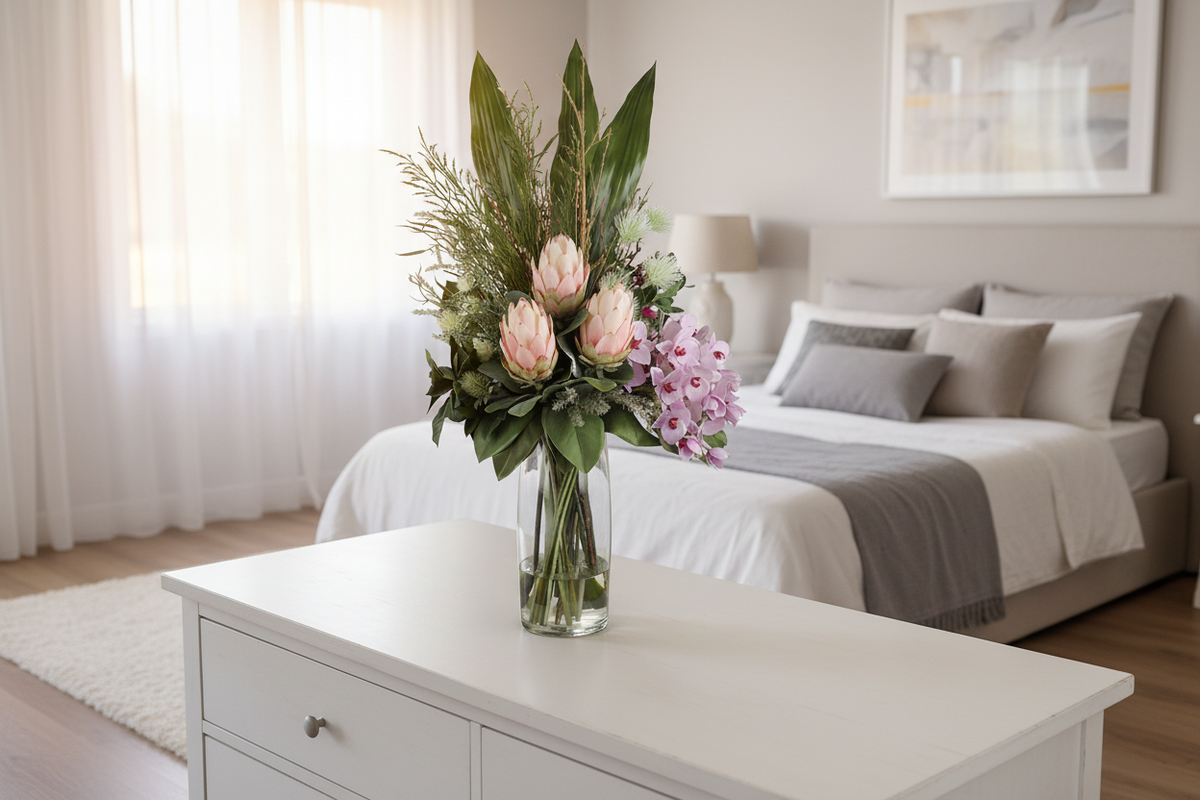 Blush King Protea & Mauve Orchid Elegant Artificial Arrangement