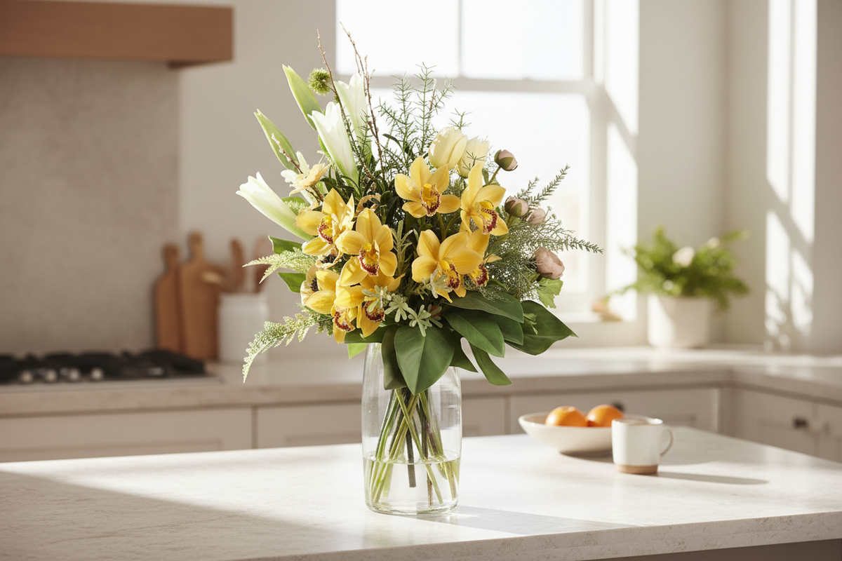 Medium Golden Orchid and Lily Sunshine artificial arrangement preserved from the original product photo on a kitchen surface, grounded in a tall clear cylinder vase, 60 x 30 cm