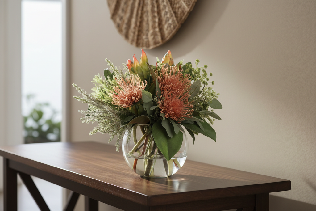 Pincushion Protea Native artificial arrangement in a glass fishbowl vase on an entryway console
