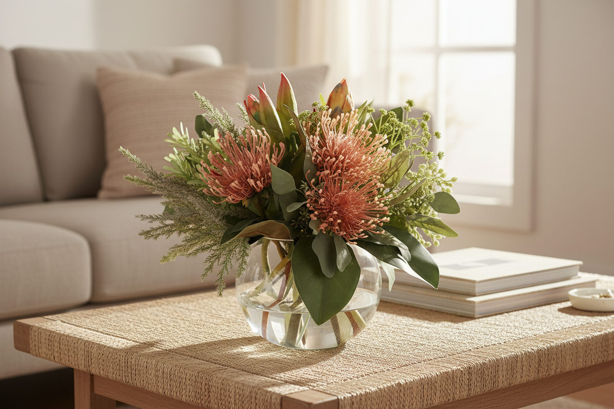Pincushion Protea Native artificial arrangement in a glass fishbowl vase on a living room coffee table
