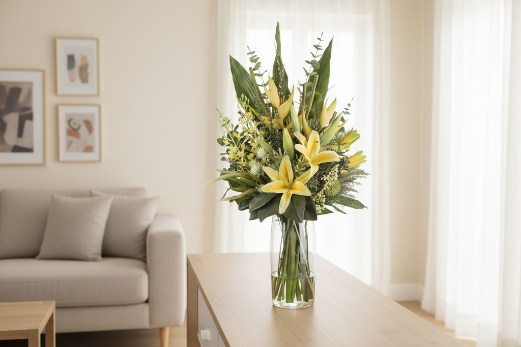 Yellow Lily and Heliconia Luminous artificial arrangement on a living room sideboard