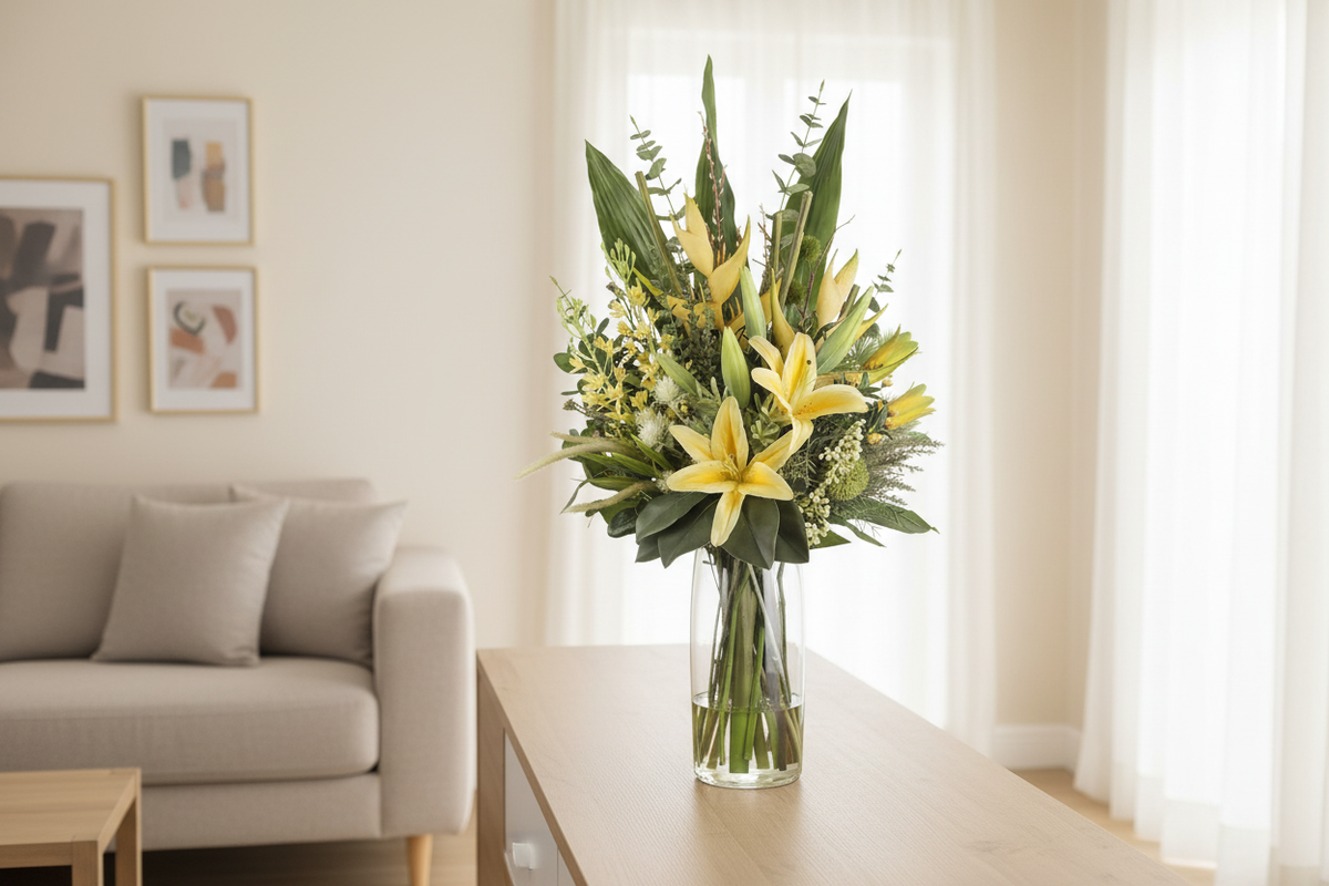 Yellow Lily and Heliconia Luminous artificial arrangement on a living room sideboard