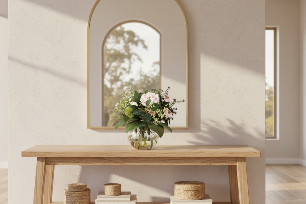 Blush Peony and Aster Cottage Garden artificial arrangement in a glass fishbowl vase on an entryway console