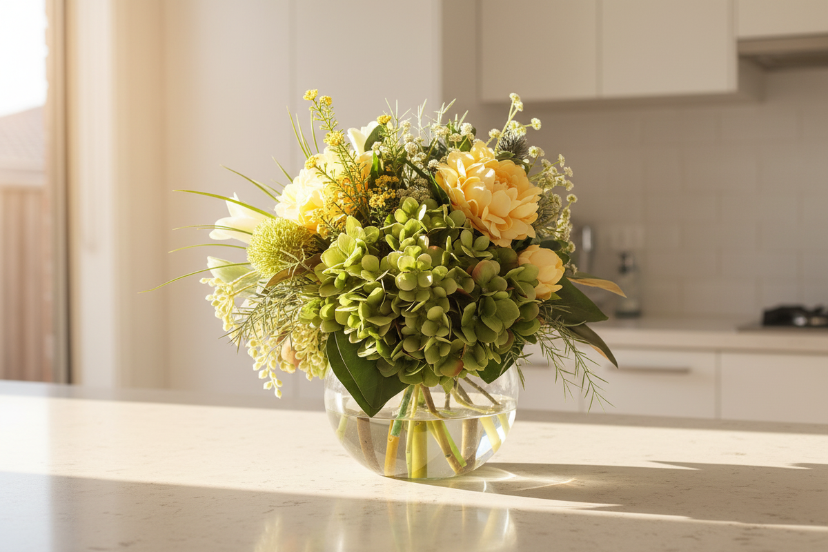 Green Hydrangea and Yellow Peony Garden artificial arrangement in a glass fishbowl vase on a kitchen bench