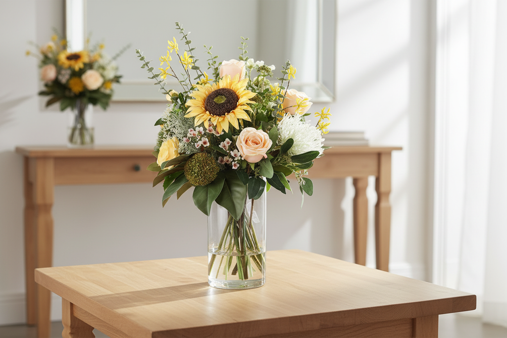 Sunflower and Peach Rose medium artificial arrangement on an entryway console, grounded in a classic glass cylinder vase, 60 x 30 cm