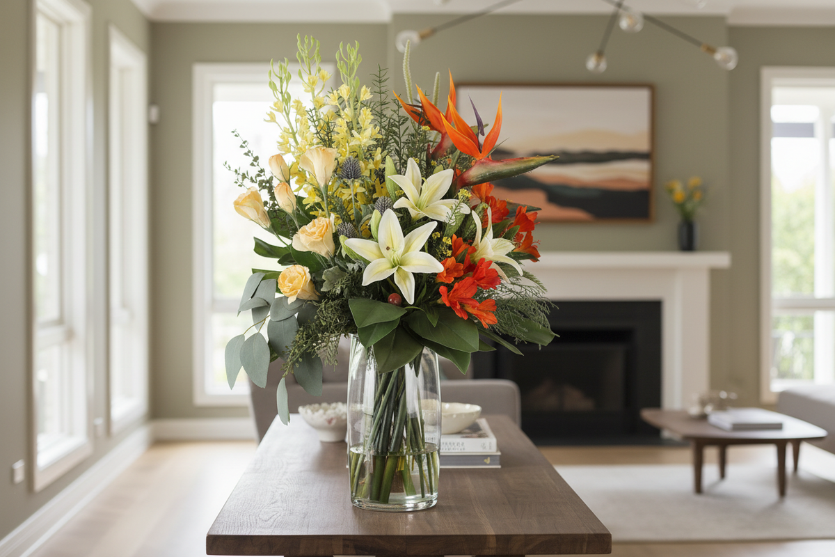 Medium Bird of Paradise and Lily Tropical artificial arrangement preserved from the original product photo on an entryway console, grounded in a tall clear cylinder vase, 60 x 30 cm