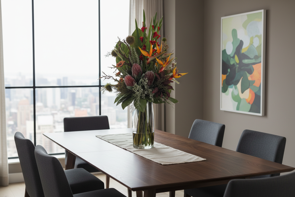 Bird of Paradise and Banksia Tropical Showpiece artificial arrangement on a dining table