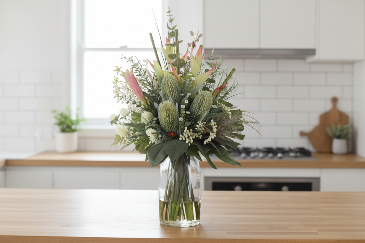Medium Protea and Banksia Australian Native artificial arrangement preserved from the original product photo on a kitchen surface, grounded in a tall clear cylinder vase, 60 x 30 cm