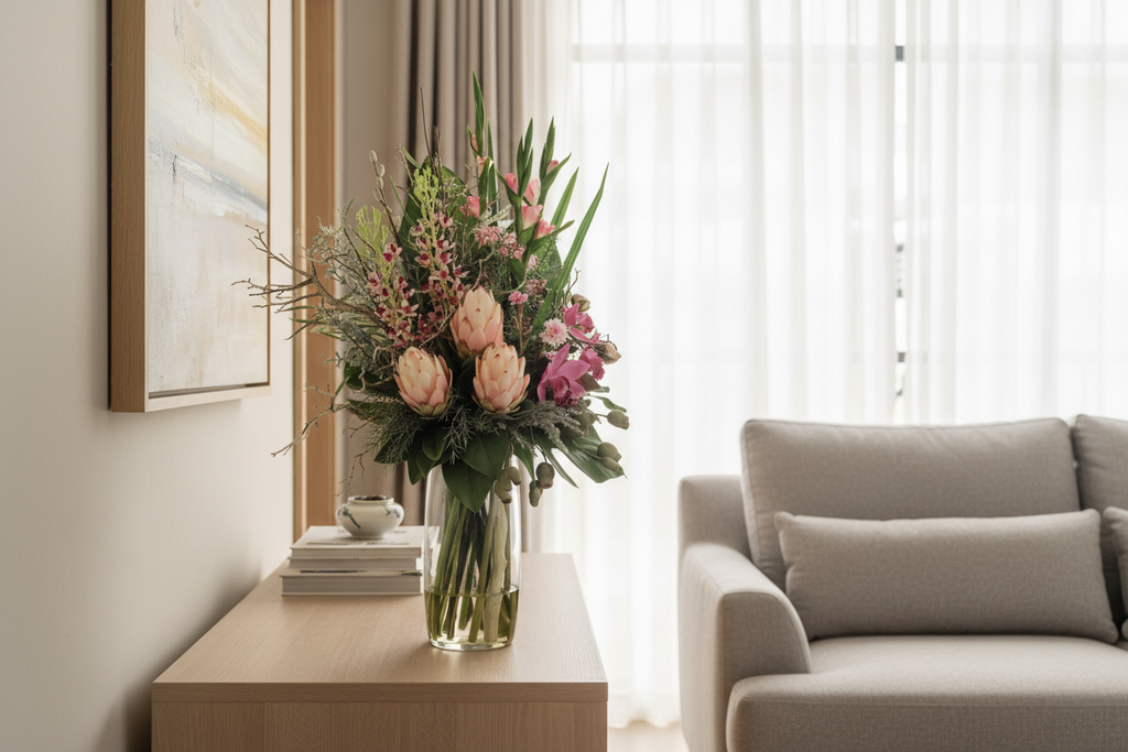 Blush King Protea and Orchid Wild Romance artificial arrangement on a living room sideboard
