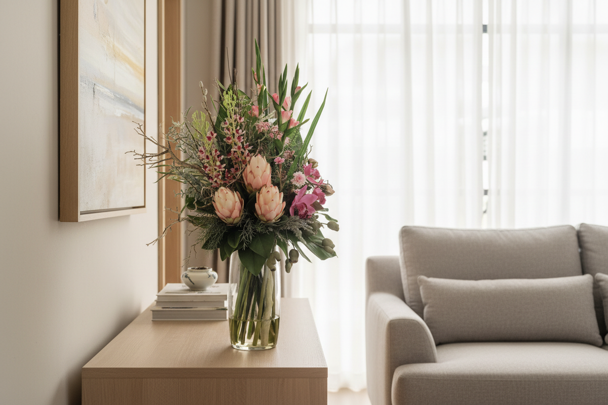 Blush King Protea and Orchid Wild Romance artificial arrangement on a living room sideboard