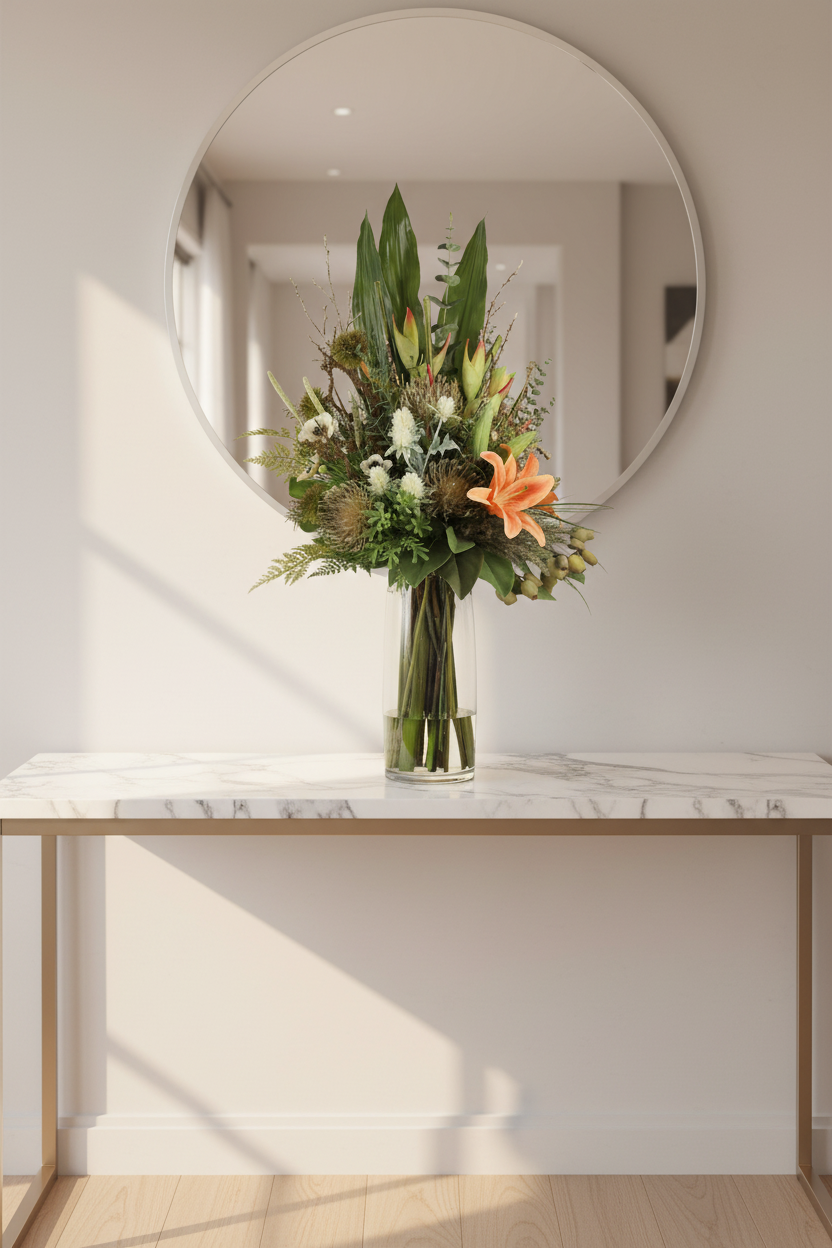 Peach Lily and Anemone Wild Garden artificial arrangement in a tall clear glass cylinder vase on a marble hallway console, large 90x40 cm scale
