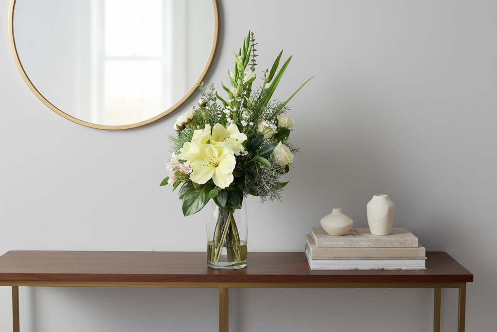 White Garden medium artificial flower arrangement in a tall glass cylinder vase on an entryway console