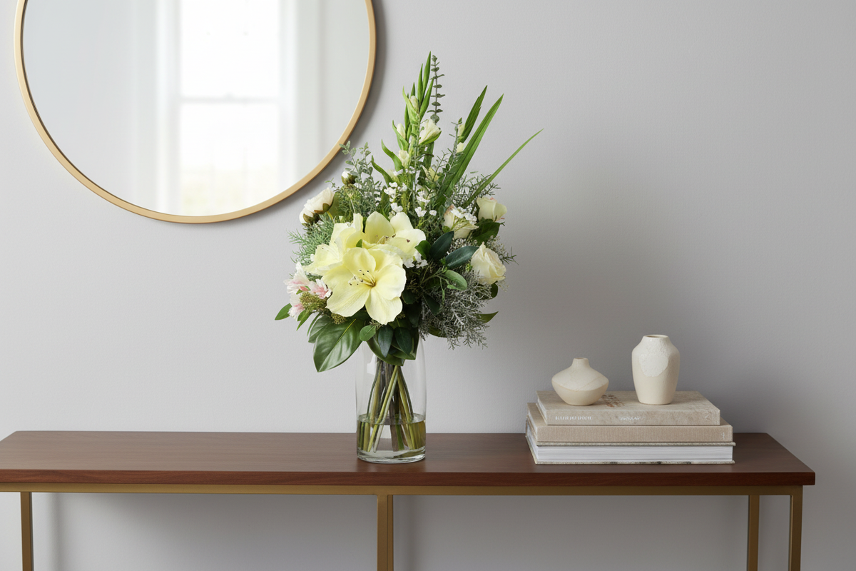 White Garden medium artificial flower arrangement in a tall glass cylinder vase on an entryway console