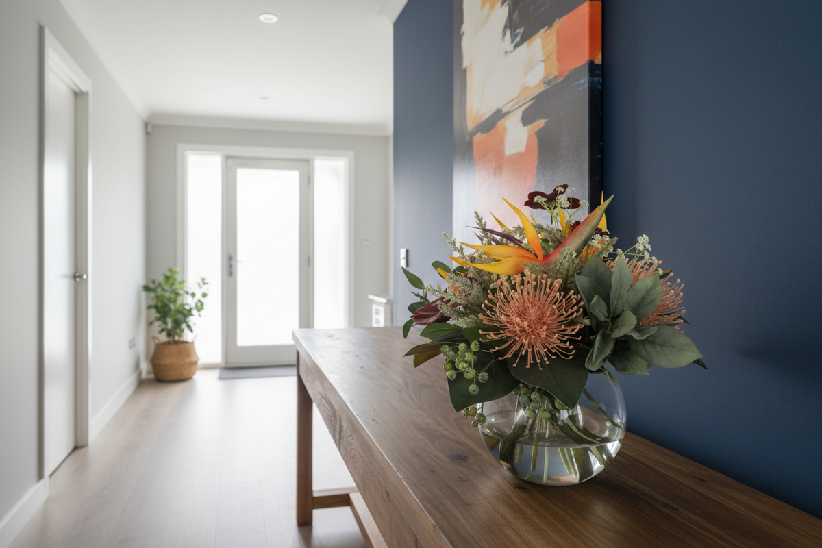 Bird of Paradise and Pincushion Protea Tropical artificial arrangement in a glass fishbowl vase on a console, shown at accurate small 20x20 cm scale with a wider camera view