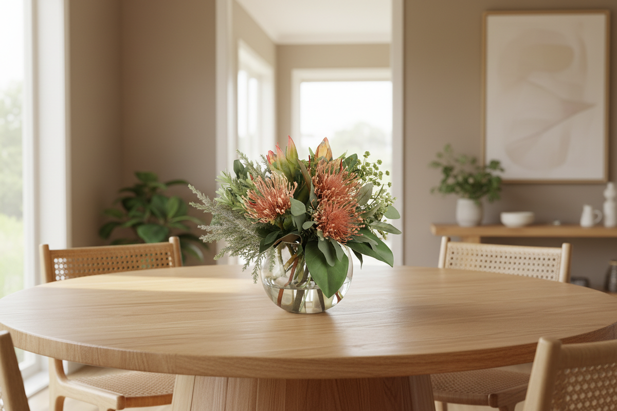 Pincushion Protea Native artificial arrangement in a glass fishbowl vase on a dining table