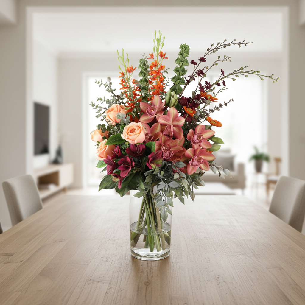 Autumn Orchid 60 by 30 centimetre artificial arrangement in a tall cylinder vase on a dining table