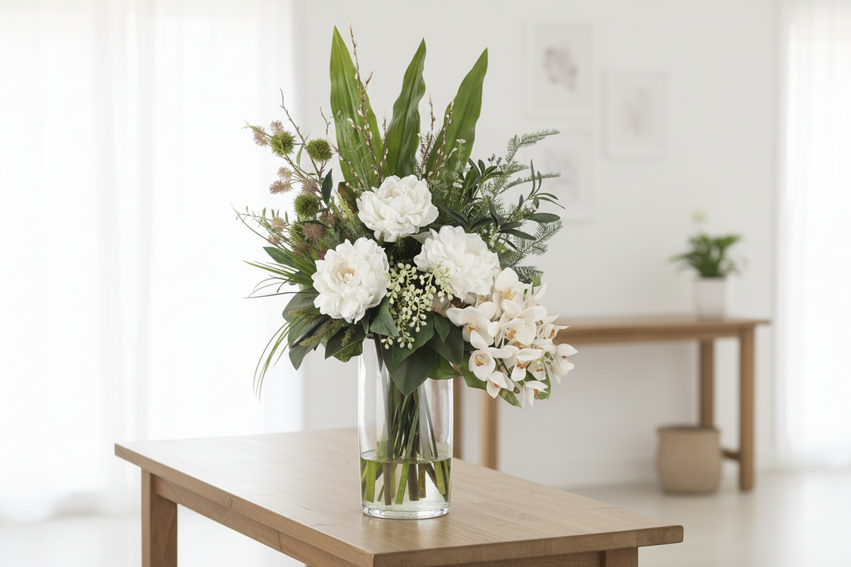 Medium White Peony and Orchid Zen artificial arrangement preserved from the original product photo on an entryway console, grounded in a tall clear cylinder vase, 60 x 30 cm