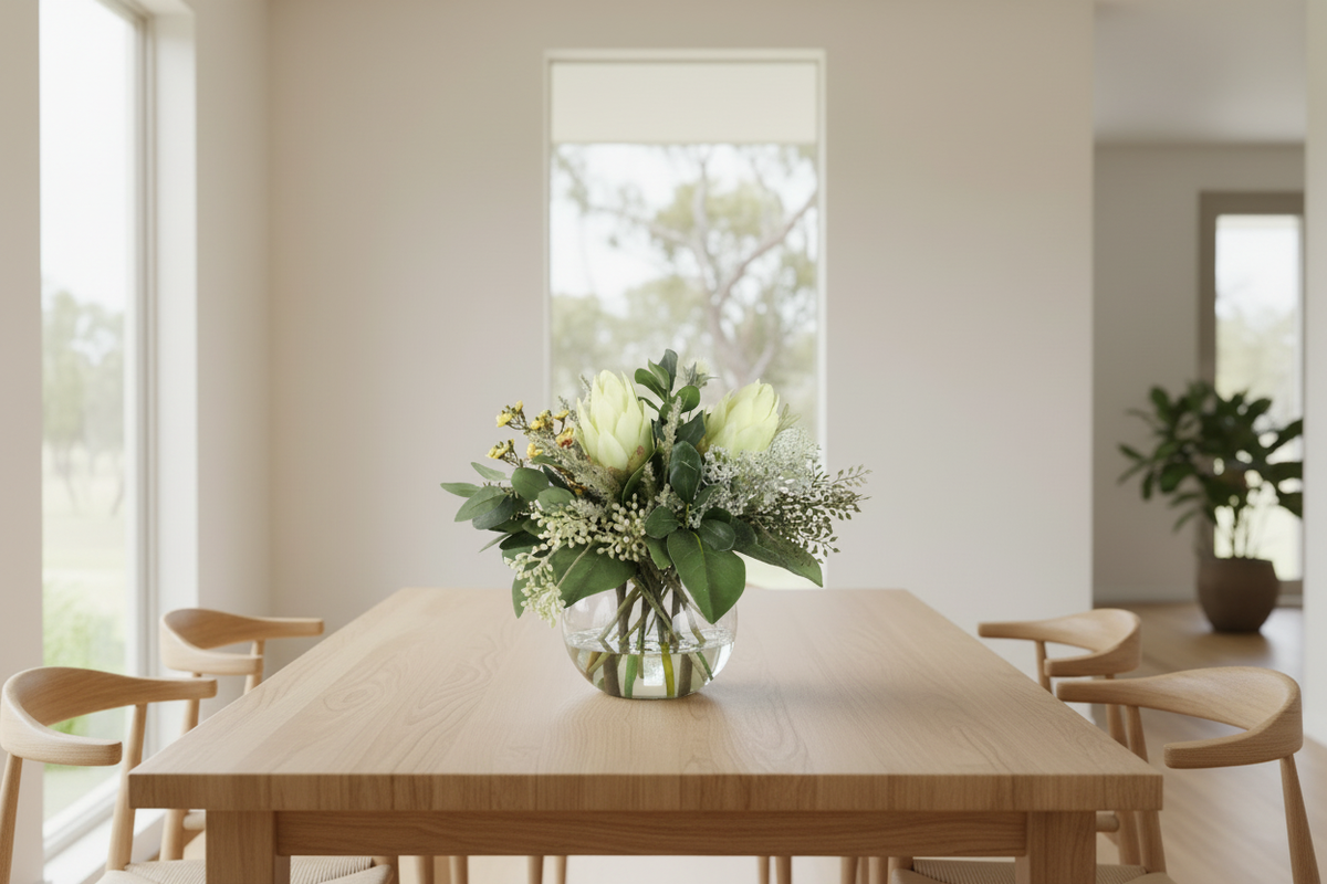 White King Protea and Serruria Native artificial arrangement in a glass fishbowl vase on a dining table, shown smaller at accurate 20x20 cm scale with wider perspective