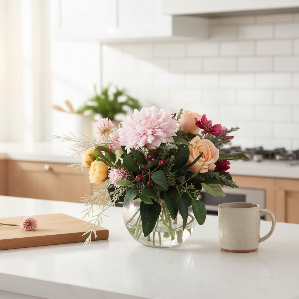 Garden Romance small artificial bouquet in a glass fishbowl vase on a kitchen bench, shown at accurate 20x20 cm scale