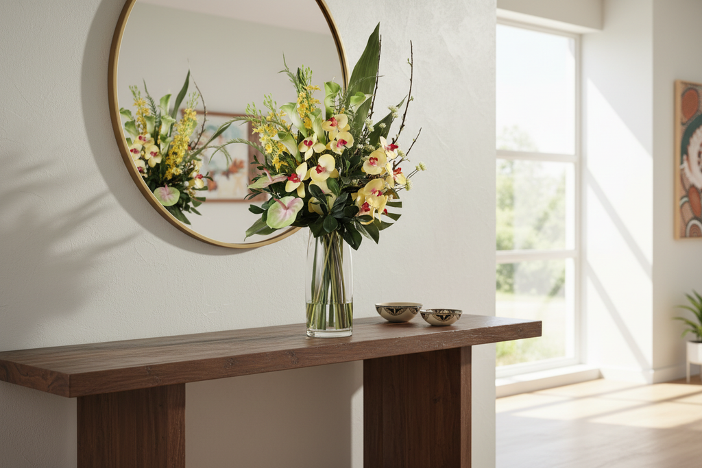 Large Cream Cymbidium Orchid and Calla Lily artificial arrangement preserved from the original product photo on an entryway console, grounded in a tall clear cylinder vase, 90 x 40 cm
