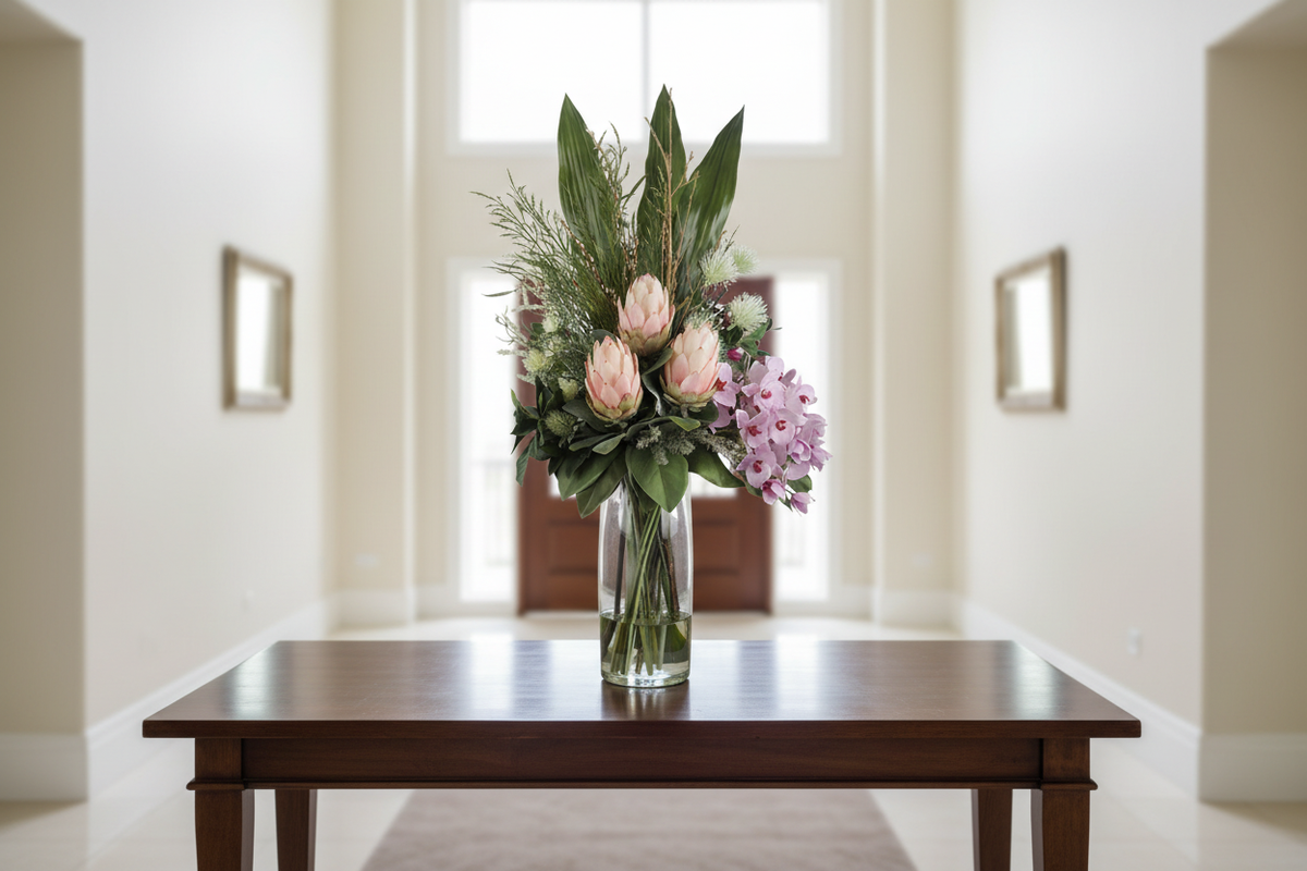 Blush King Protea & Mauve Orchid Elegant Artificial Arrangement