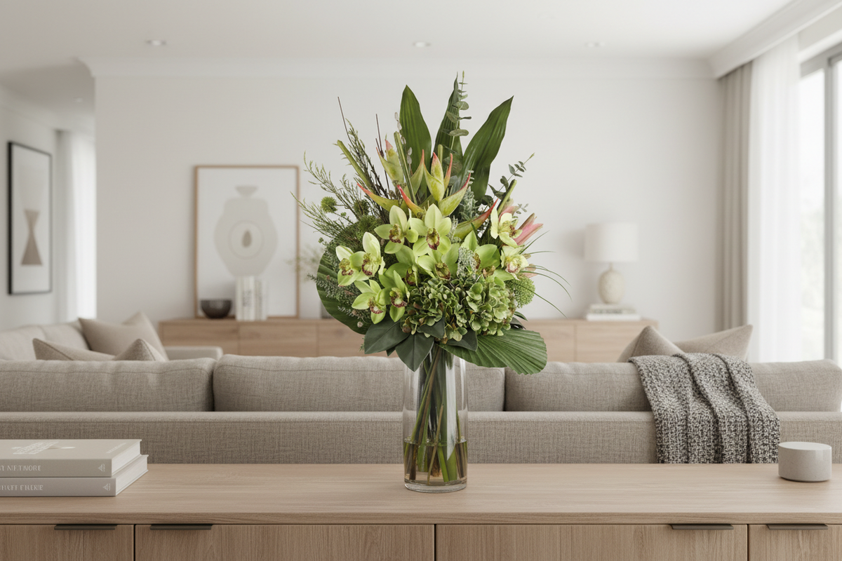 Green Cymbidium Orchid and Hydrangea Tropical artificial arrangement on a living room sideboard