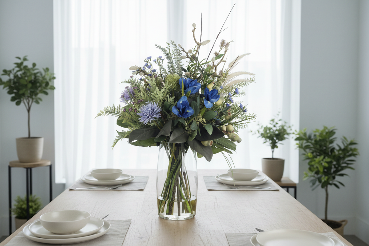 Medium Blue Iris and Thistle Botanical artificial arrangement preserved from the original product photo on a dining table, grounded in a tall clear cylinder vase, 60 x 30 cm