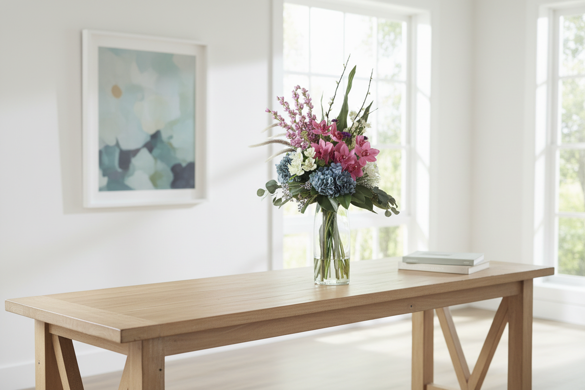 Large Pink Orchid and Blue Hydrangea artificial arrangement preserved from the original product photo on an entryway console, grounded in a tall clear cylinder vase, 90 x 40 cm