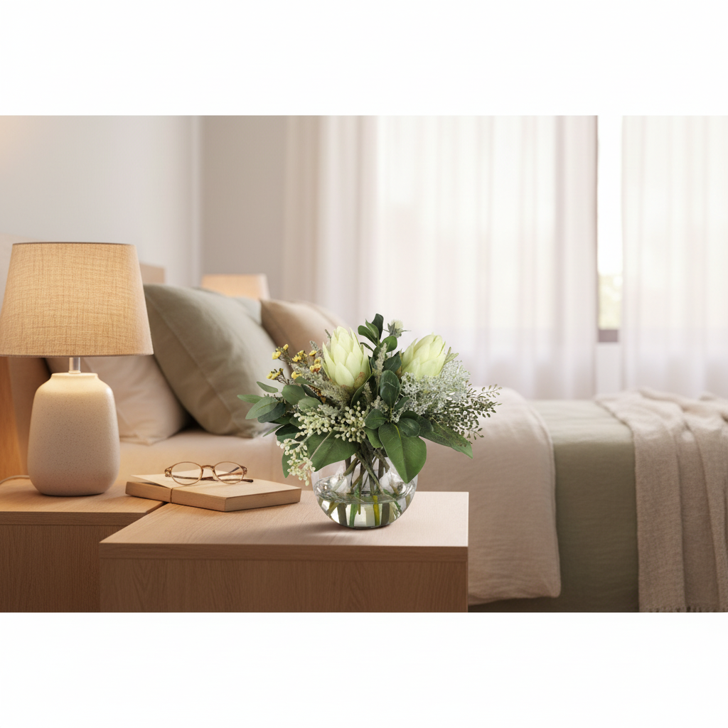 White King Protea and Serruria Native artificial arrangement in a glass fishbowl vase on a bedside table, shown at accurate 20x20 cm scale