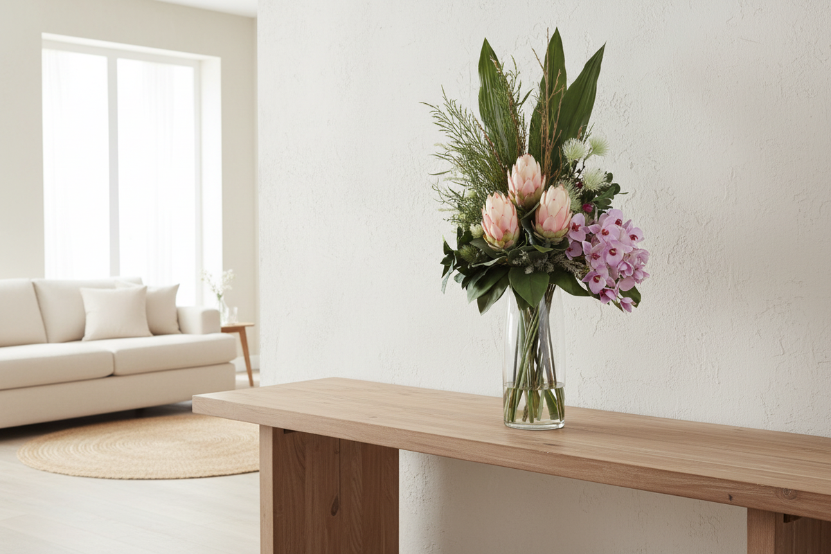 Blush King Protea & Mauve Orchid Elegant Artificial Arrangement