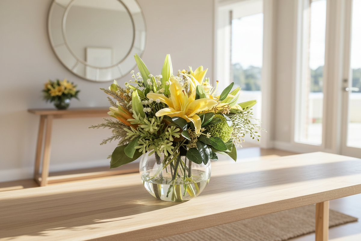 Golden Lily and Wax Flower Sunshine artificial arrangement in a glass fishbowl vase on an entryway console
