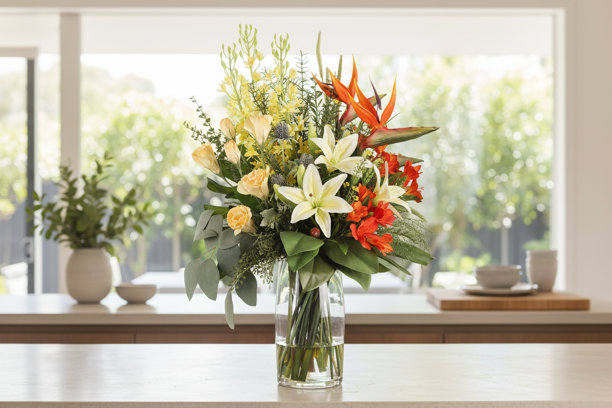 Medium Bird of Paradise and Lily Tropical artificial arrangement preserved from the original product photo on a kitchen surface, grounded in a tall clear cylinder vase, 60 x 30 cm