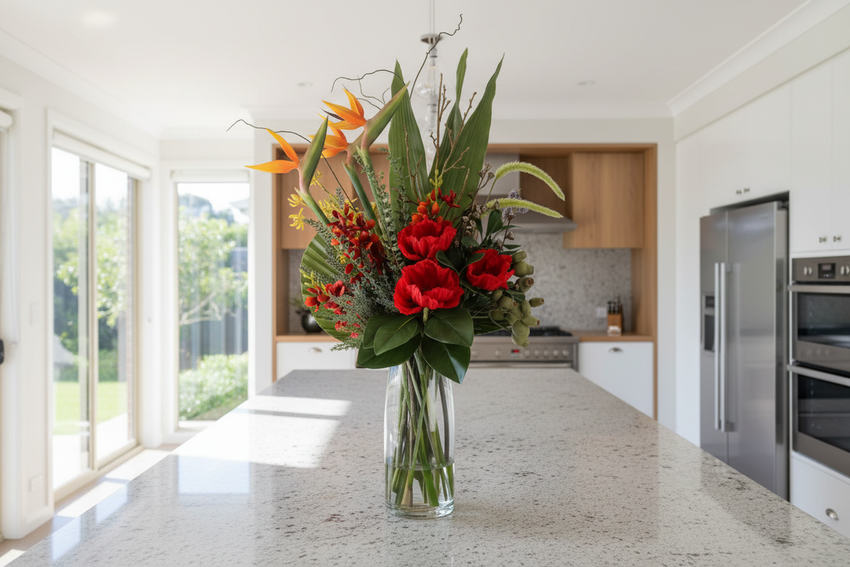 Large Bird of Paradise Tropical artificial arrangement matching the supplied reference, dense compact composition in a clear cylinder vase on a kitchen island, 90 x 40 cm