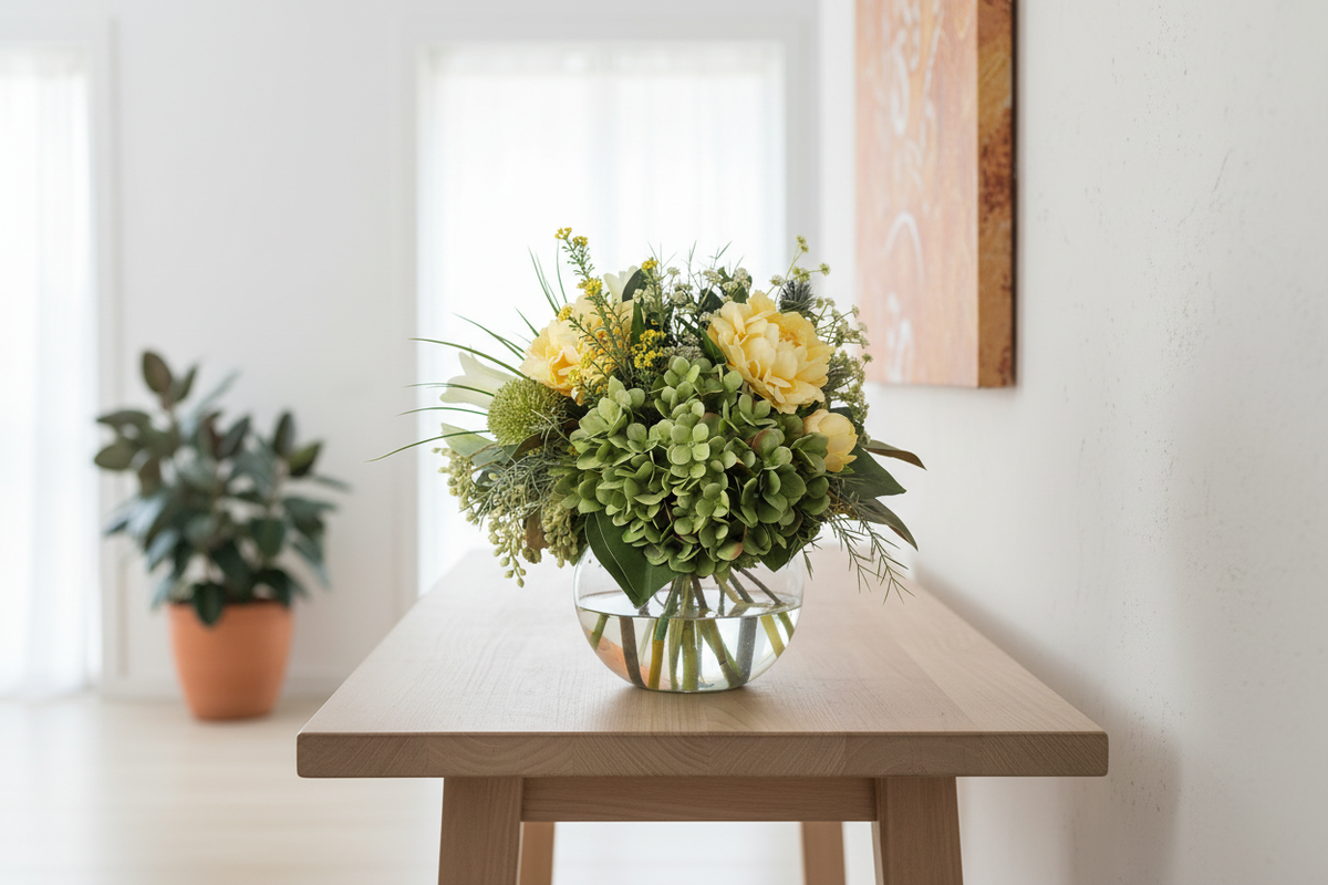 Green Hydrangea and Yellow Peony Garden artificial arrangement in a glass fishbowl vase on an entryway console