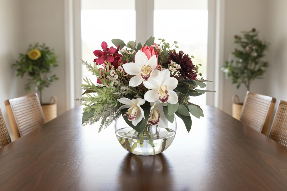 White Orchid and Burgundy Dahlia Luxe artificial arrangement in a glass fishbowl vase on a dining table