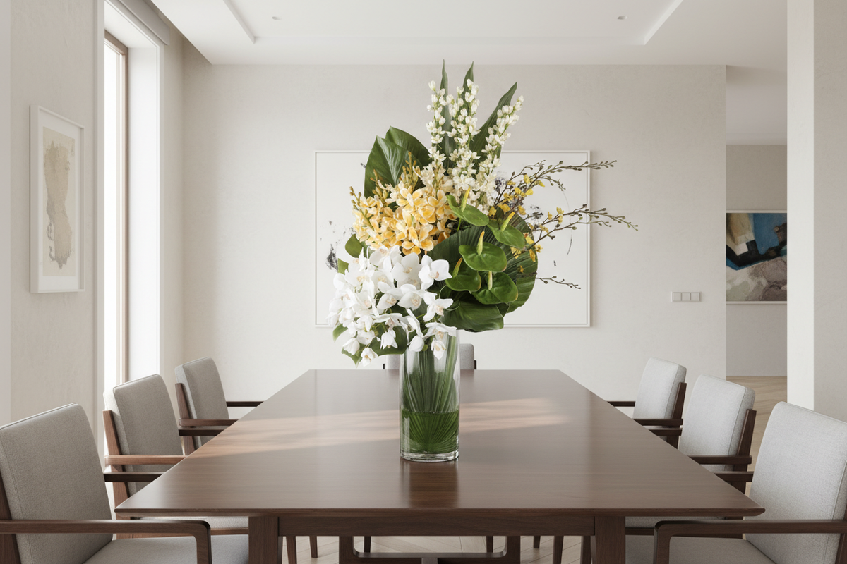 Orchid Gallery extra-large artificial arrangement on a dining table, grounded in a tall glass cylinder vase, 90 x 40 cm