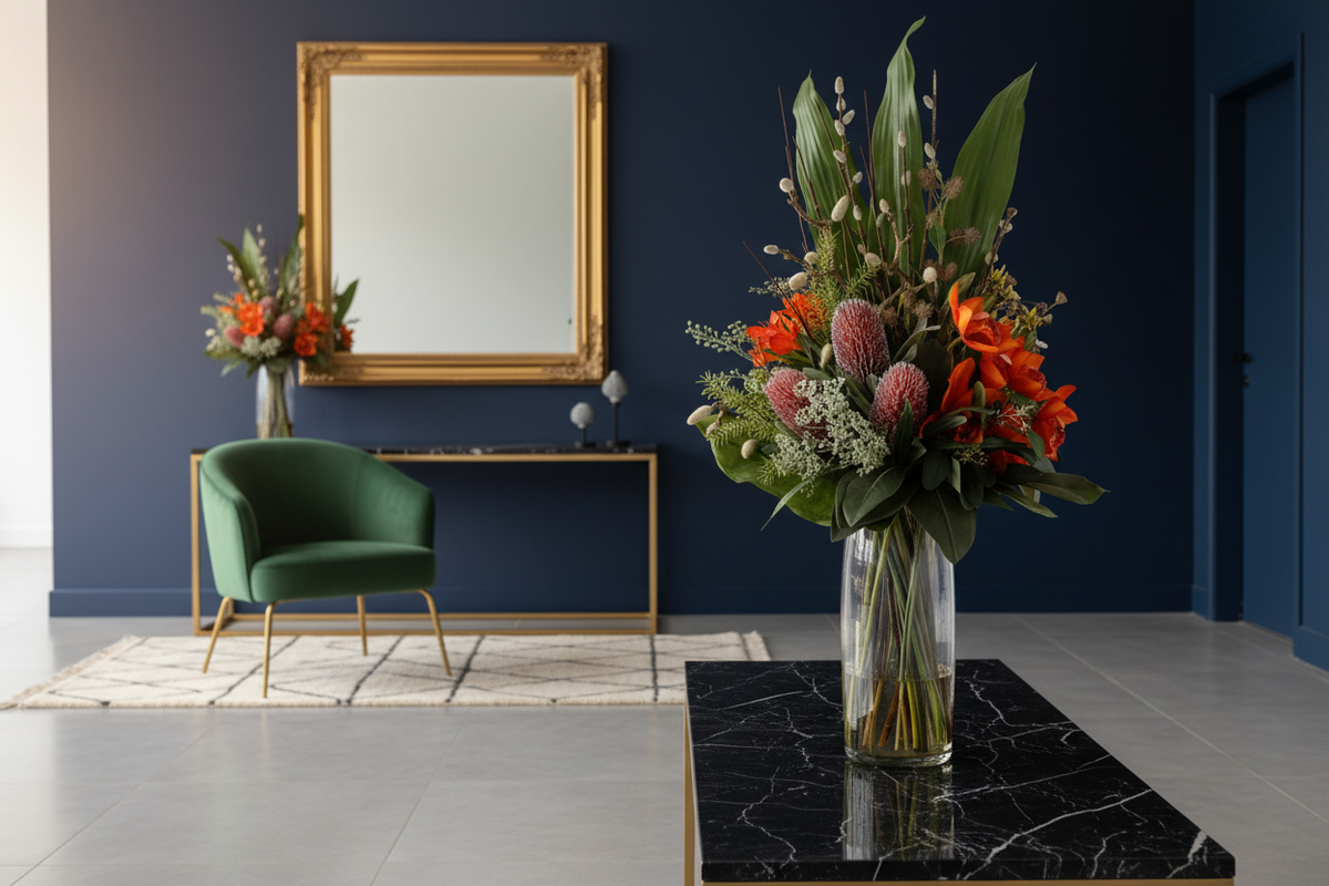 Orange Orchid and Pincushion Protea Wild Exotic artificial arrangement in a bold entryway