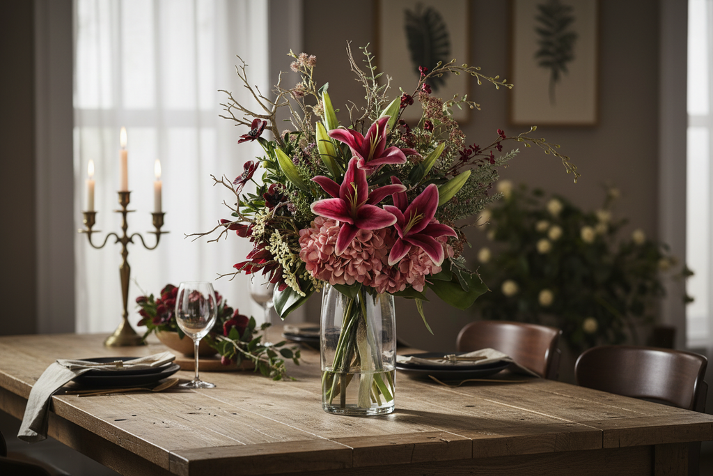 Medium Pink Lily and Hydrangea Wild artificial arrangement preserved from the original product photo on a dining table, grounded in a tall clear cylinder vase, 60 x 30 cm