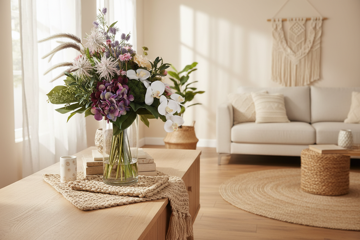 Boho Romance medium artificial arrangement on a living room sideboard, grounded in a tall glass cylinder vase, 60 x 30 cm