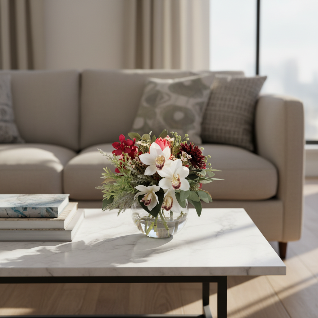 White Orchid and Burgundy Dahlia Luxe artificial arrangement in a glass fishbowl vase on a marble coffee table, shown at accurate 20x20 cm scale