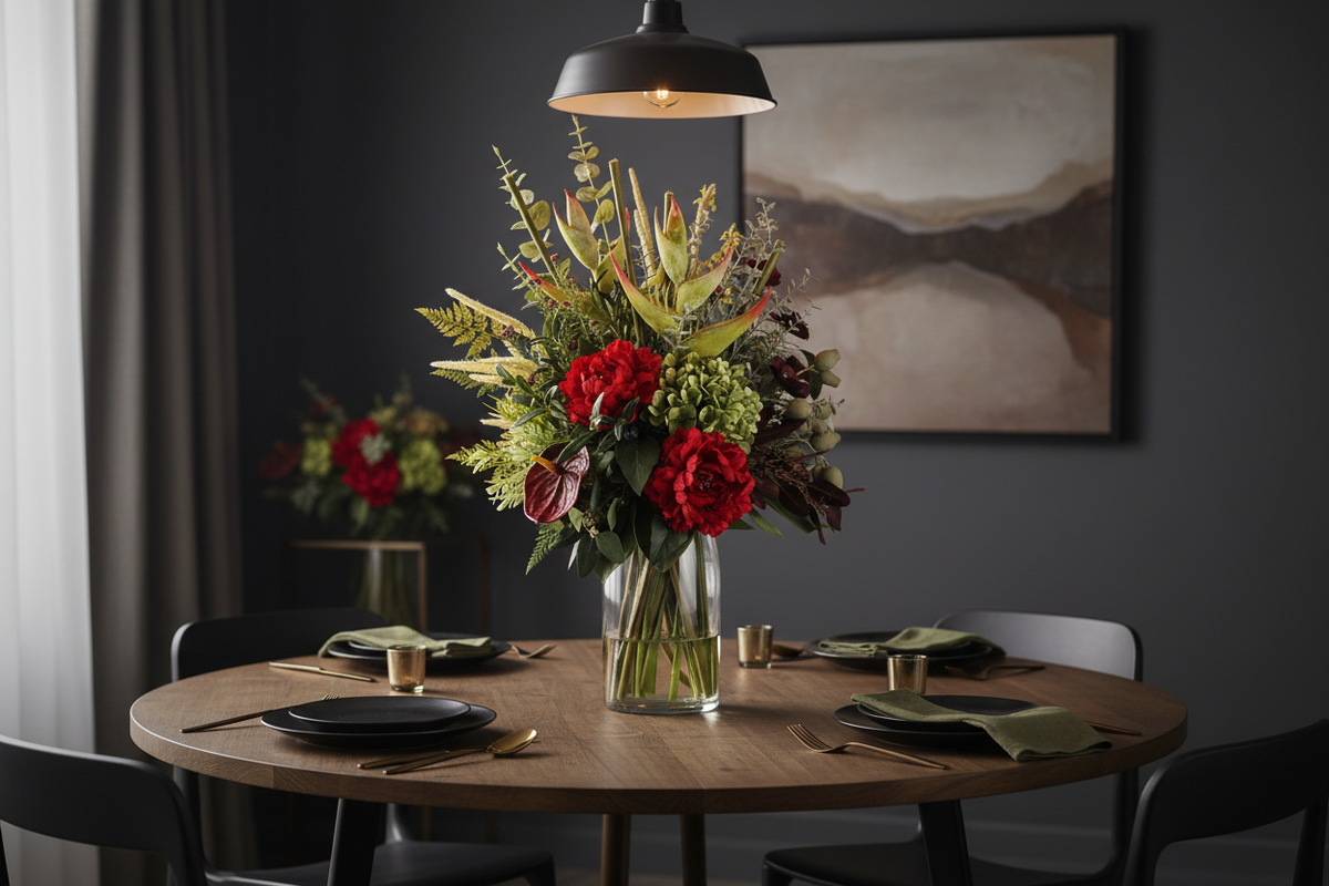 Medium Red Peony and Heliconia Botanical artificial arrangement preserved from the original product photo on a dining table, grounded in a tall clear cylinder vase, 60 x 30 cm