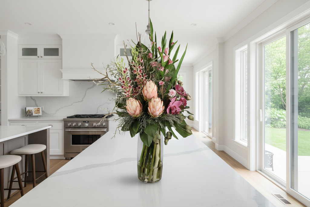 Blush King Protea and Orchid Wild Romance artificial arrangement on a kitchen island